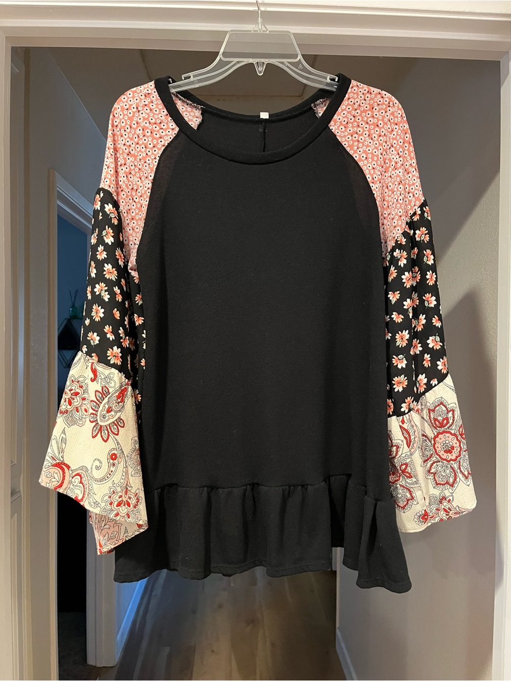 Black Peplum Top with Pink and Floral Patchwork Sleeves - Picture 2 of 4